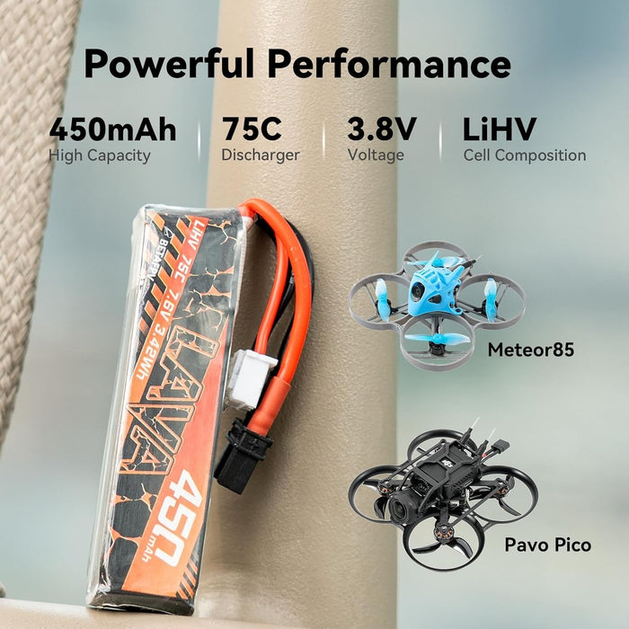 BETAFPV Lava 450mAh 2S 7.6V LiHV 75C FPV Lipo Battery with XT30 Connector, Recha