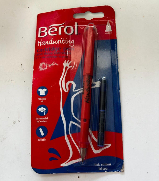 Berol Handwriting Fountain Pen with Medium Nib - Blue - 3x Cartridge Refills