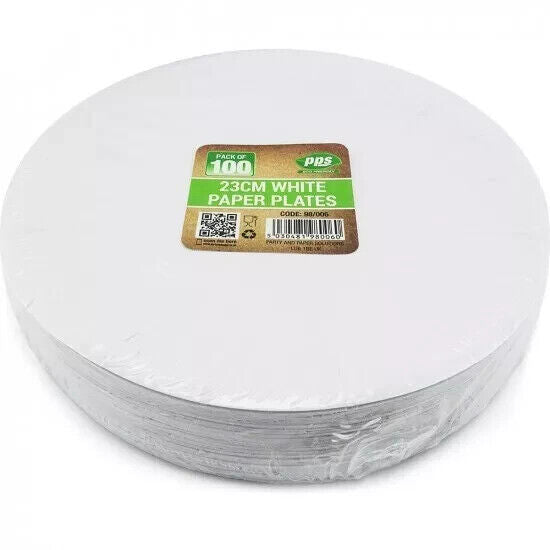 100 Large White Paper Plates  23cm/9" Disposable