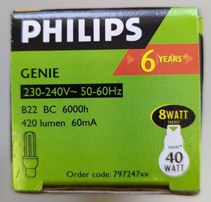 Philips 8 Watt Bulb - 40 Watt Light - Energy Saver - B22