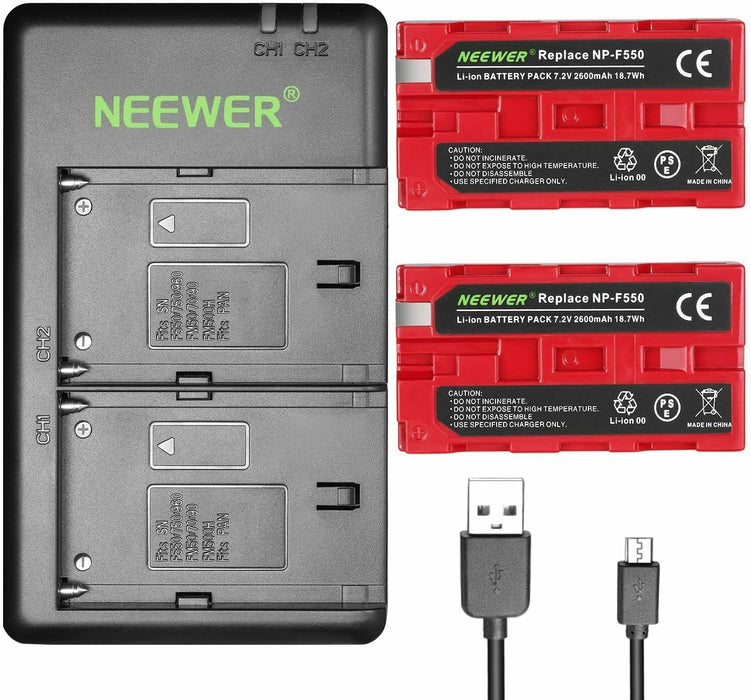 Neewer NP F550 Battery Charger Set for Sony 2-Pack Replacement 2600mAh