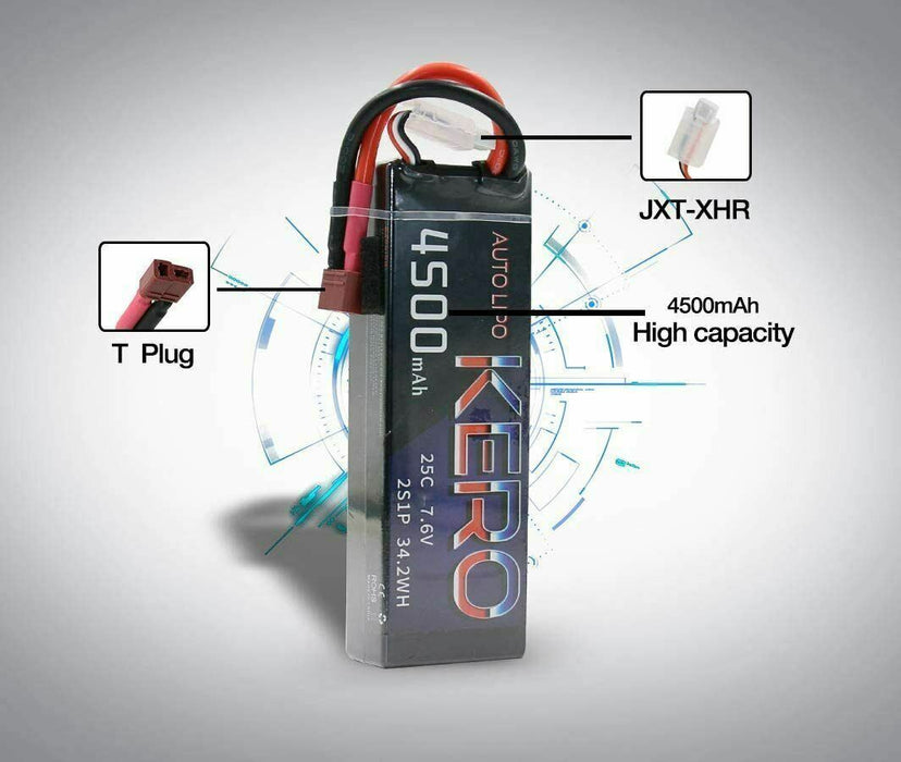 Kero 2S Lipo Battery 4500mAh 25C 7.6V Lipos Hard Case for 7.4V 1/8 1/10 RC Car