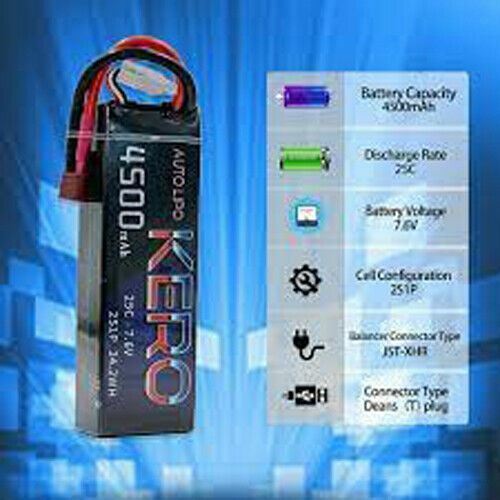 Kero 2S Lipo Battery 4500mAh 25C 7.6V Lipos Hard Case for 7.4V 1/8 1/10 RC Car