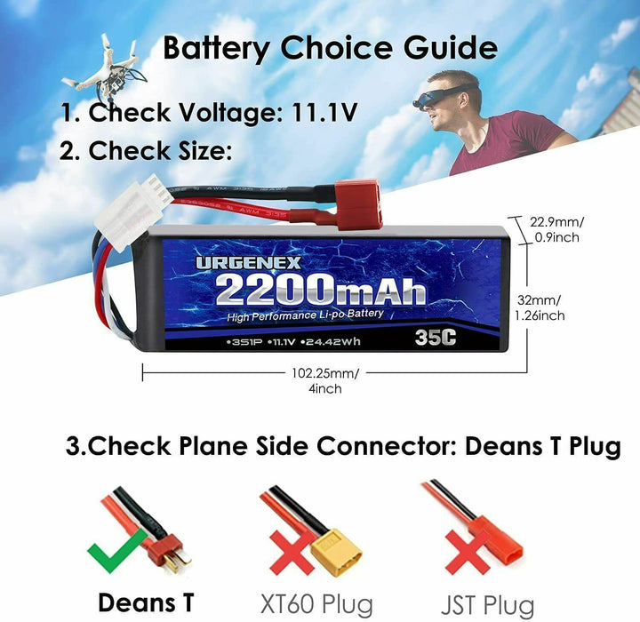 URGENEX 3S Lipo Battery 11.1V 2200mAh 35C RC Lipo Battery with Dean-Style T