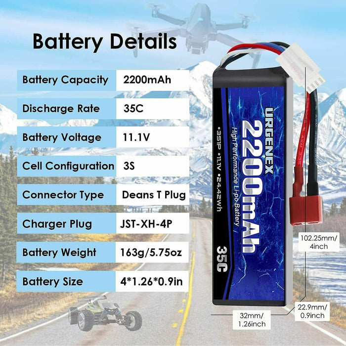 URGENEX 3S Lipo Battery 11.1V 2200mAh 35C RC Lipo Battery with Dean-Style T