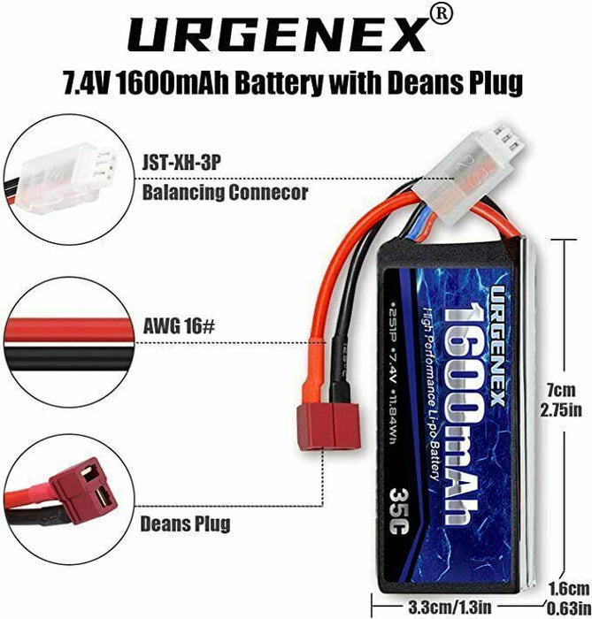 URGENEX 2S Lipo Battery 7.4v Lipo, RC Lipo Batteries 35C 1600mah Li-Po Battery