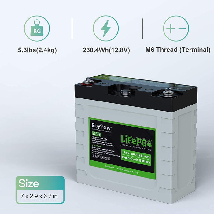 RoyPow 12V 18Ah Deep Cycle LiFePO4 Battery 3500-8000