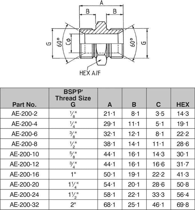 2x 3/8" BSPP CONE SEAT MALE / MALE ADAPTOR-AE-200-06