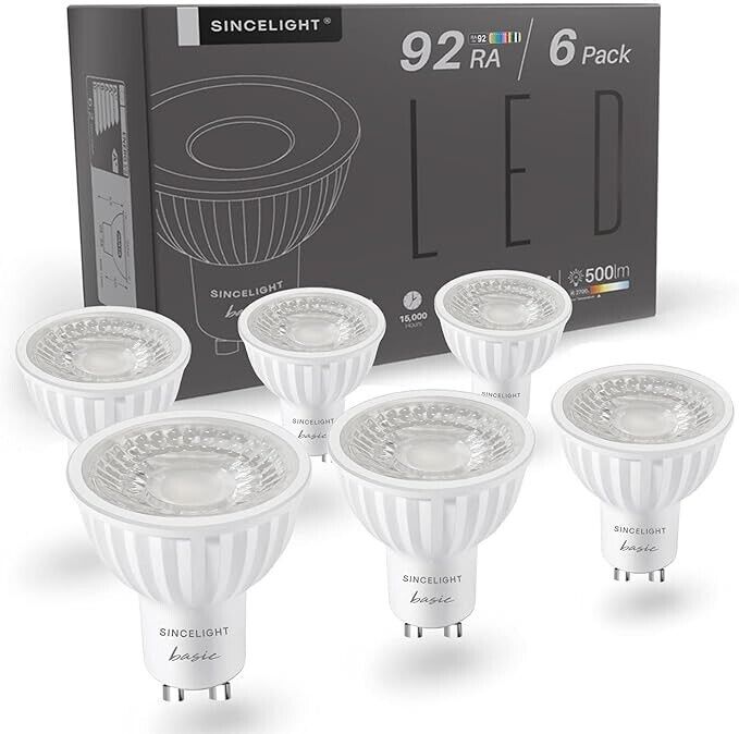 6 Pack SINCELIGHT GU10 LED Spot Light Bulb 38° Beam Angle Narrower Reflector, 6W