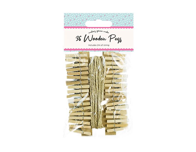 36 Mini Wooden Pegs with 2M Of String Photos Notes Cards Craft Micro UK