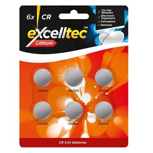 6 Excelltec CR 3V Lithium Battery Button Coin Cell CR2032 - CR2025 - CR2016 3v