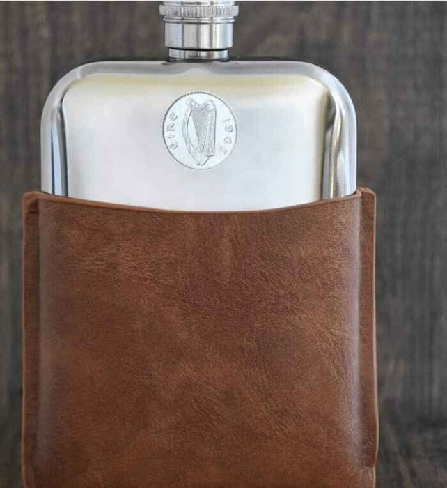 1963 Irish Sixpence Hip Flask, 61st Birthday Gift- Brown Leather