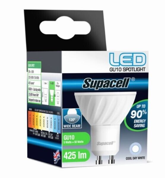 2 x Supacell Led Gu10 Spot Pin Base Wide Beam 5W Light Bulb Wide Cool Day White