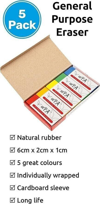 5 Coloured Plastic Rubbers Latex Free Pencil Erasers For School & Office