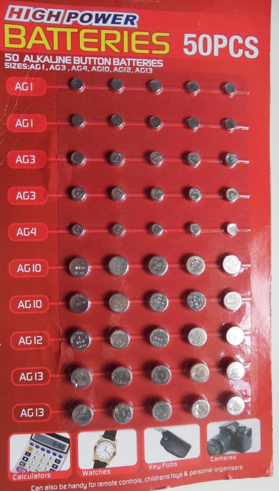 50 ASSORTED BUTTON CELL WATCH BATTERY BATTERIES AG 1 / 3 / 4 / 10 / 12 / 13