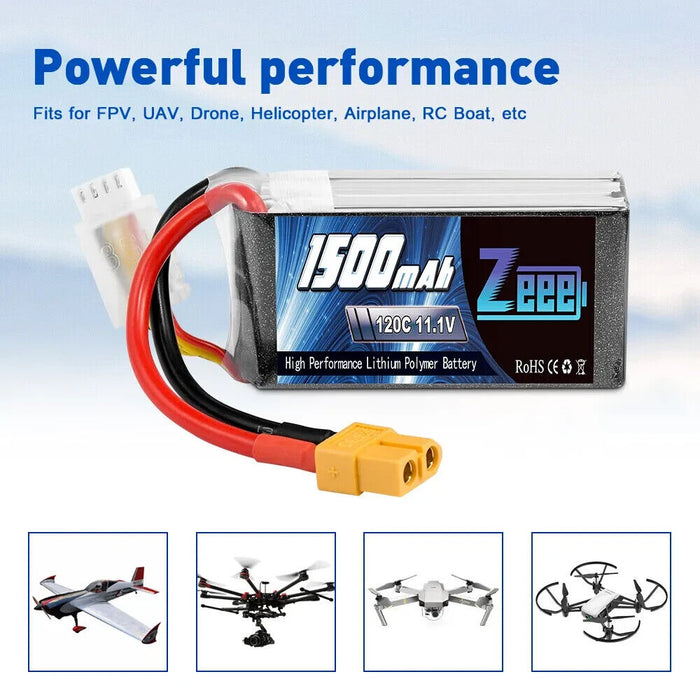 Zeee 11.1V 1500mAh 3S LiPo Battery 120C XT60 for RC Car Airplane Helicopter