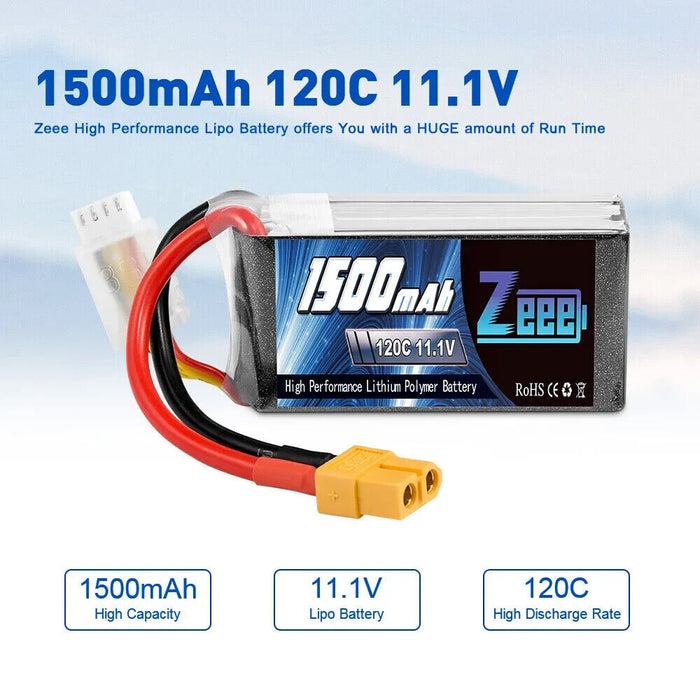 Zeee 11.1V 1500mAh 3S LiPo Battery 120C XT60 for RC Car Airplane Helicopter