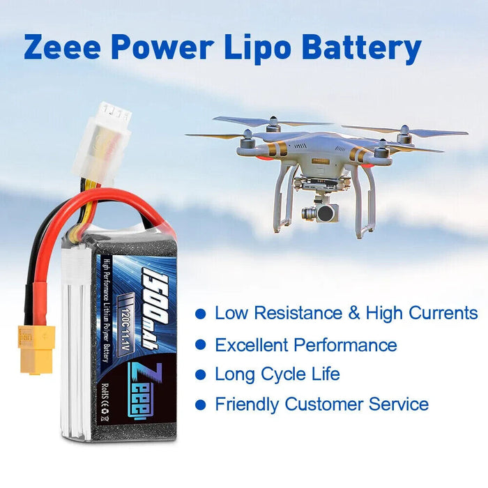 Zeee 11.1V 1500mAh 3S LiPo Battery 120C XT60 for RC Car Airplane Helicopter