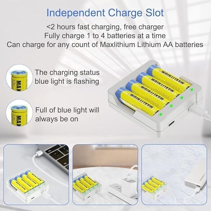 1.5V AA Lithium Rechargeable Batteries 2520mWh, 1500 Cycles Lithium AA Batteries