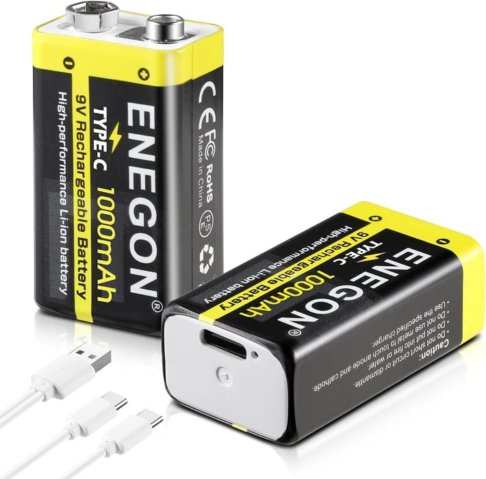 ENEGON 2 Pack 9V Rechargeable Lithium Batteries, 1000mAh with 2-in-1 TYPE-C