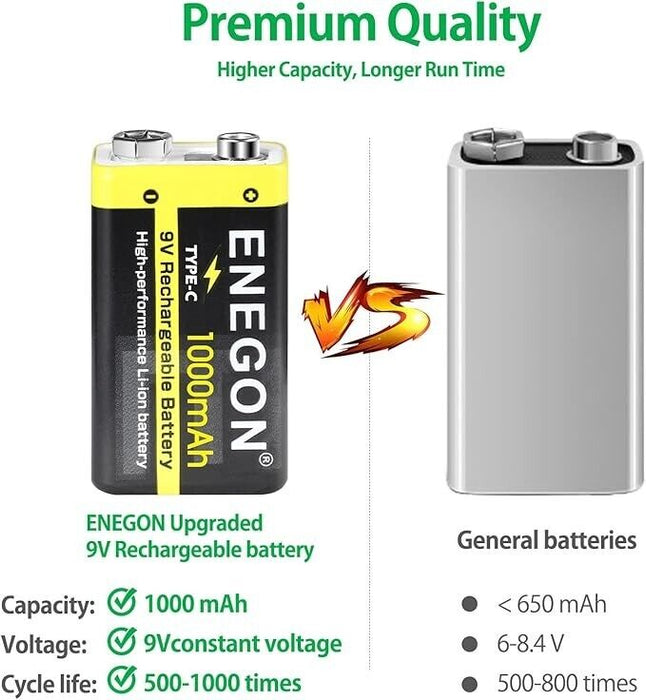 ENEGON 2 Pack 9V Rechargeable Lithium Batteries, 1000mAh with 2-in-1 TYPE-C