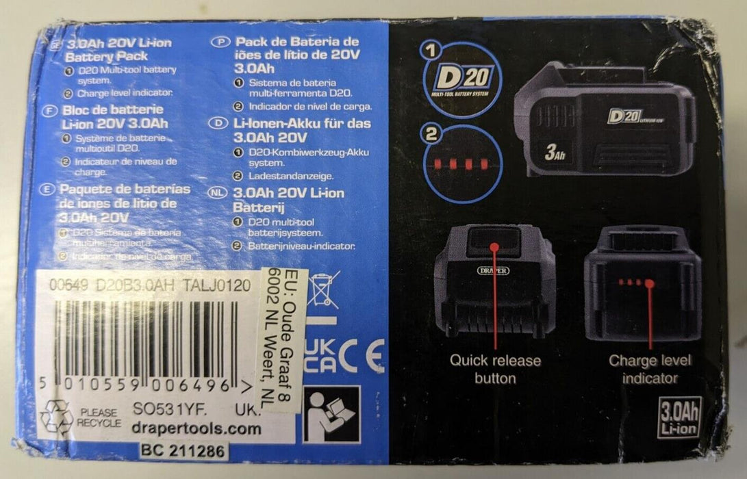 DRAPER D20 20V Li-ion Battery 3.0Ah [00649]