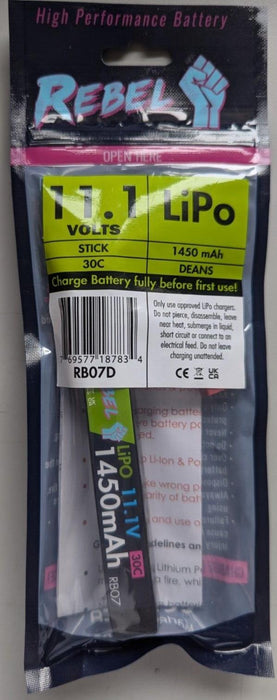 REBEL 11.1 Volts LiPo Battery Stick 1450mAh DEANS RB07D
