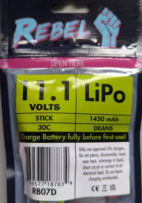 REBEL 11.1 Volts LiPo Battery Stick 1450mAh DEANS RB07