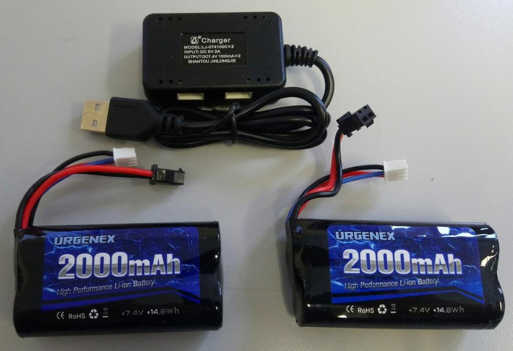 URGENEX RC Battery 2000mAh 7.4V  Lipo Battery x 2 + USB Charger