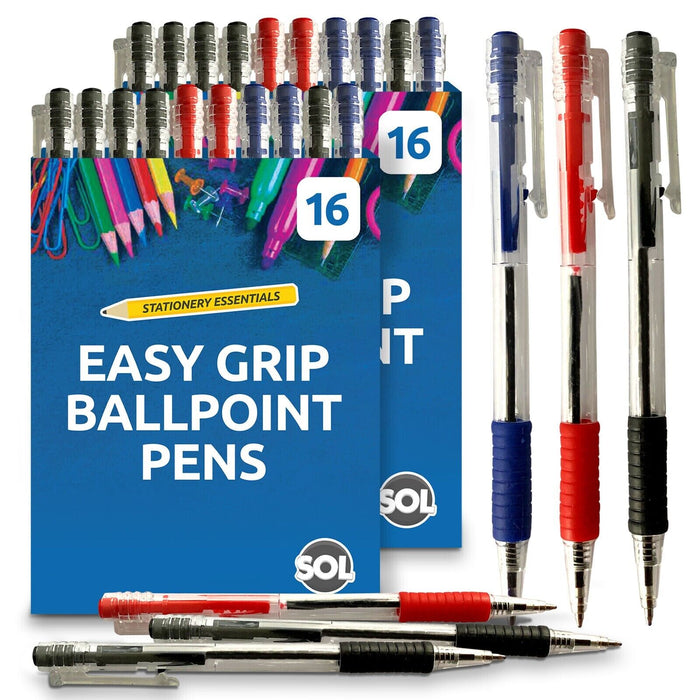 16 Blue Red Black Retractable Ballpoint Pens Biros 1.0mm Ink Smooth Grip Tip