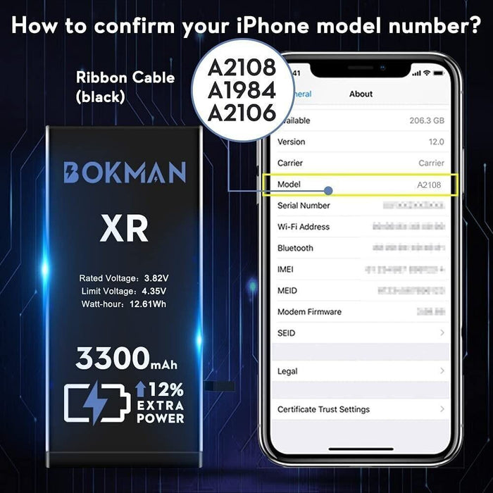 bokman Battery for iPhone XR, High Capacity Increased 12% with 3300mAh Polymer
