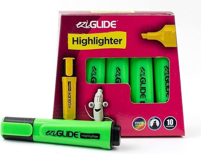 Eziglide Green Highlighters Pens, 10 Pack, Bold Green Highlighter Pens, Chisel M