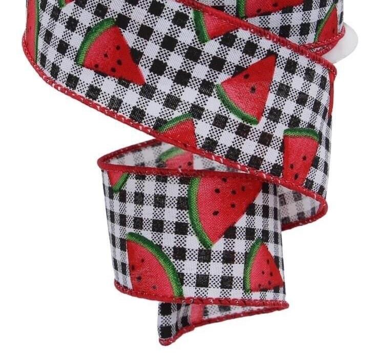 1.5" WATERMELON SLICE GINGHAM RIBBON: BLK/WHT 5 yrds