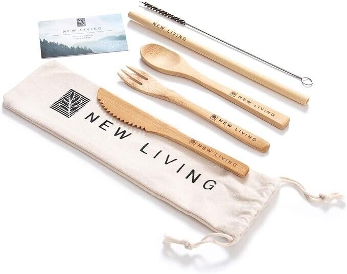 Bamboo Cutlery Set Bamboo Straw, Fork, Knife, Spoon, Cleaner & Carry Case