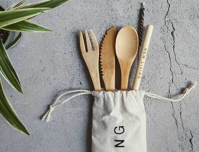 Bamboo Cutlery Set Bamboo Straw, Fork, Knife, Spoon, Cleaner & Carry Case