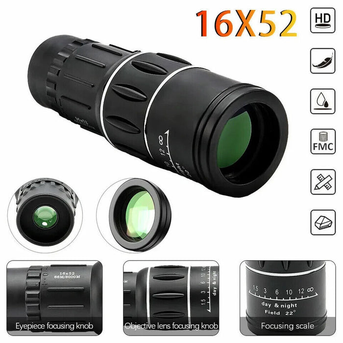 UK 16x52 Portable Optical Day & Night Vision Monocular Hunting Camping Telescope