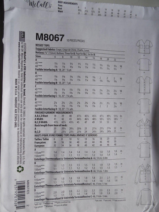 McCalls Sewing Pattern 8067 E5 (14-16-18-20-22)