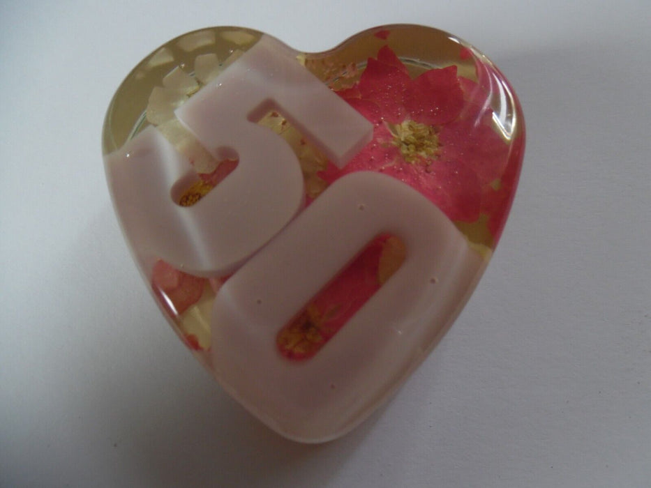 Heart shaped 50 paper weight with pressed flowers