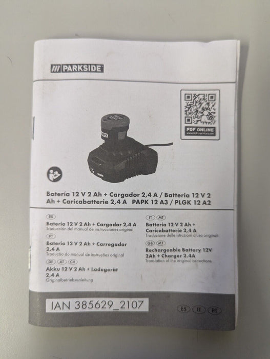 Parkside Rechargeable Battery 12V 2Ah + PLGK 12A2 Charger (Eu Plug)