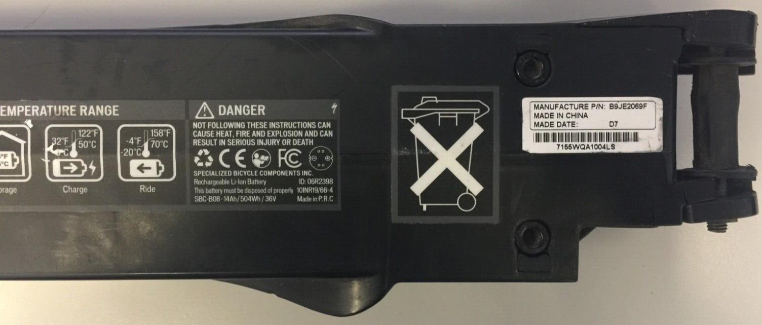 Specialized Rechargable Li-Ion Battery SBC-BO8 14AH/504Wh/36V No Charger