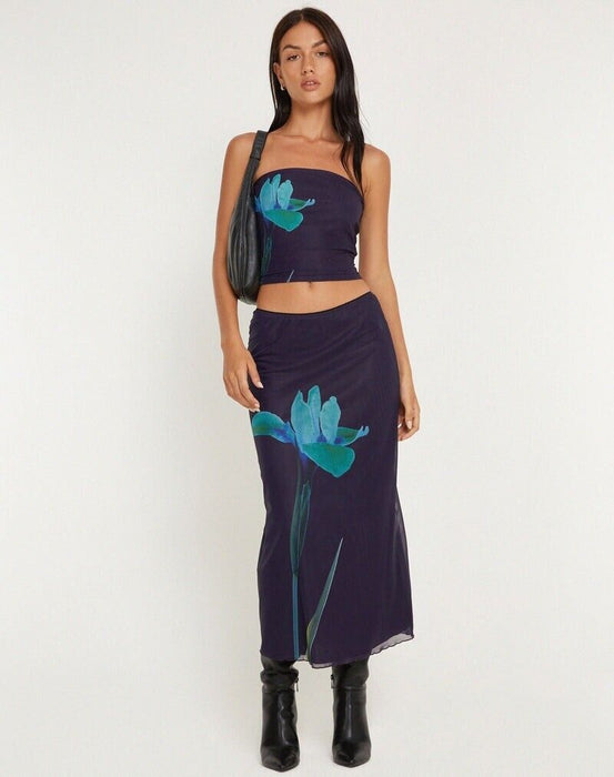 Motel Lassie Midi Skirt In Navy Placement Flower Medium