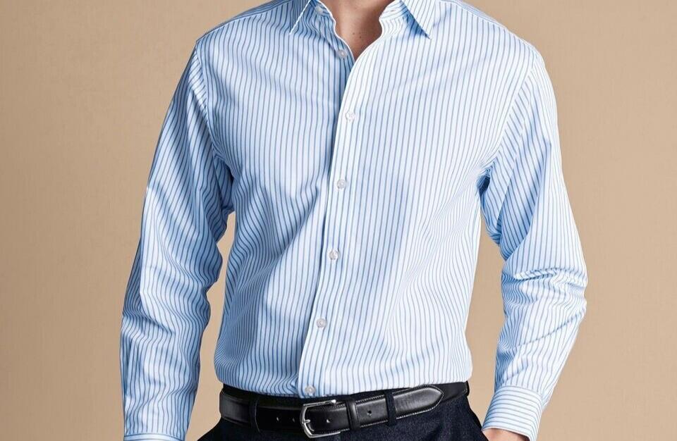 Charles Tyrwhitt Twill Stripe Shirt - Cornflower Blue Collar 42cm Sleeve 91cm