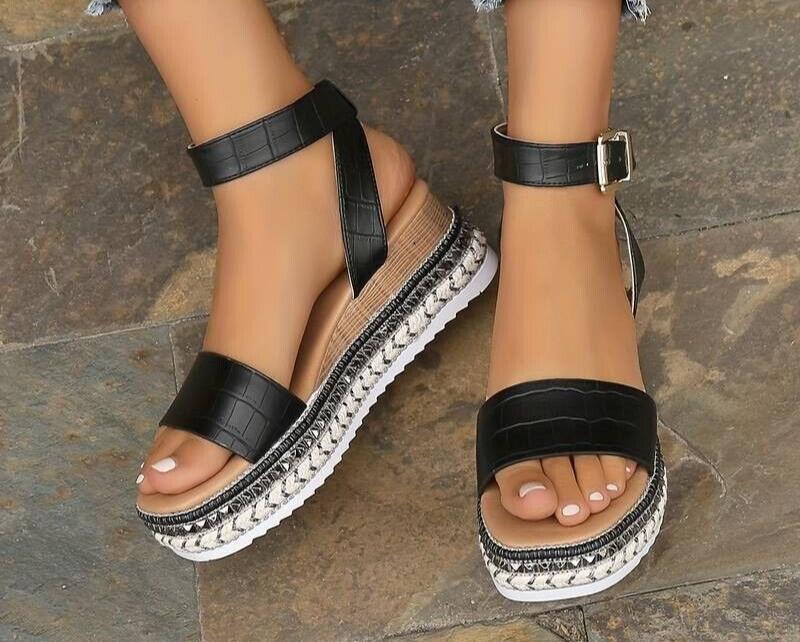 Women's Platform Wedge Sandals - Open Toe - Ankle Strap Black Size UK 3 (36)