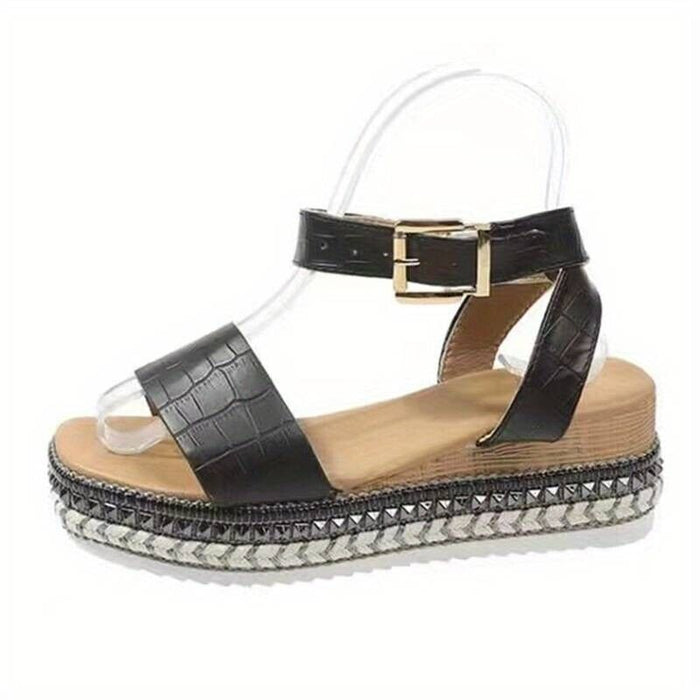 Women's Platform Wedge Sandals - Open Toe - Ankle Strap Black Size UK 3 (36)