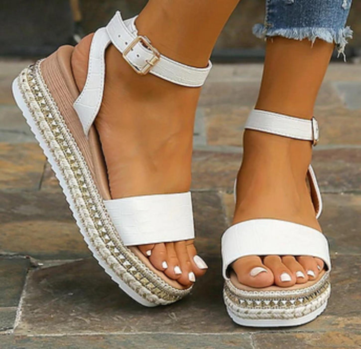 Women's Platform Wedge Sandals - Open Toe - Ankle Strap White Size UK 5.5 (39)