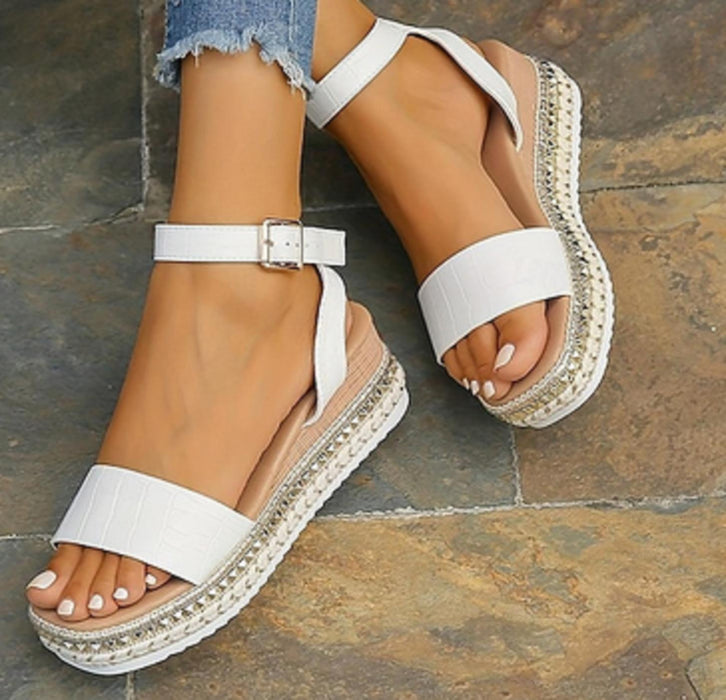 Women's Platform Wedge Sandals - Open Toe - Ankle Strap White Size UK 5.5 (39)