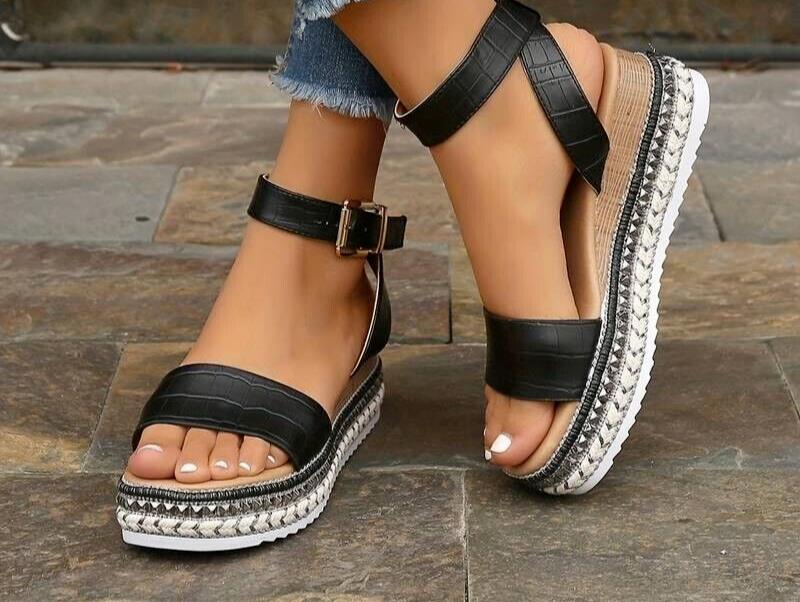 Women's Platform Wedge Sandals - Open Toe - Ankle Strap Black Size UK 8 (42)