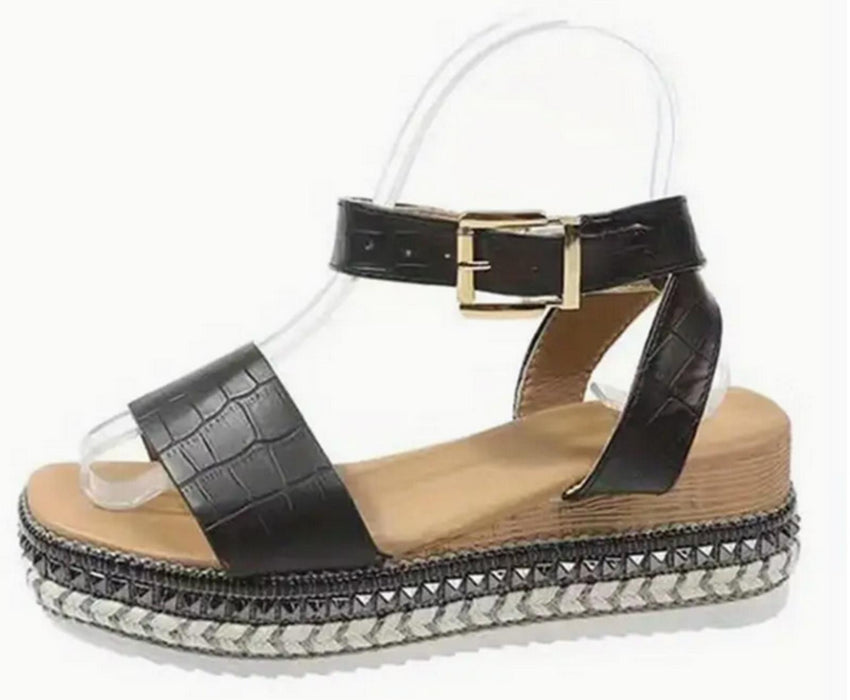 Women's Platform Wedge Sandals Open Toe Ankle Strap - Black - UK 5 (38)