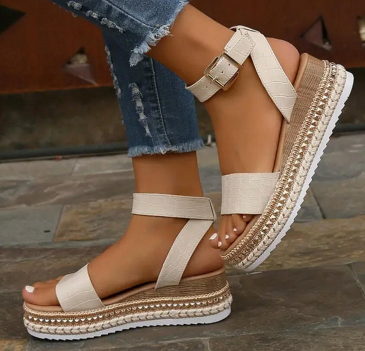 Women's Platform Wedge Sandals Open Toe Ankle Strap - Beige - UK 4 (37)