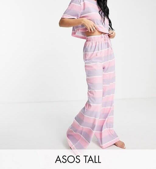 ASOS Tall mixed stripe tee & wide leg pants pyjama set in pink & purple Size 14